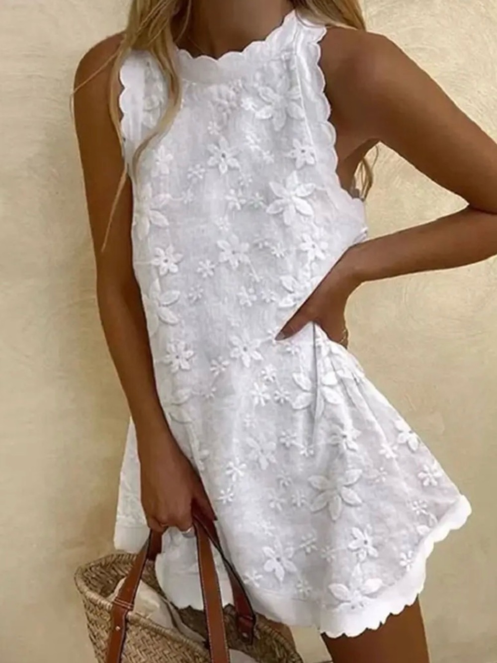 Women's White Floral embroidered Sleeveless Dress